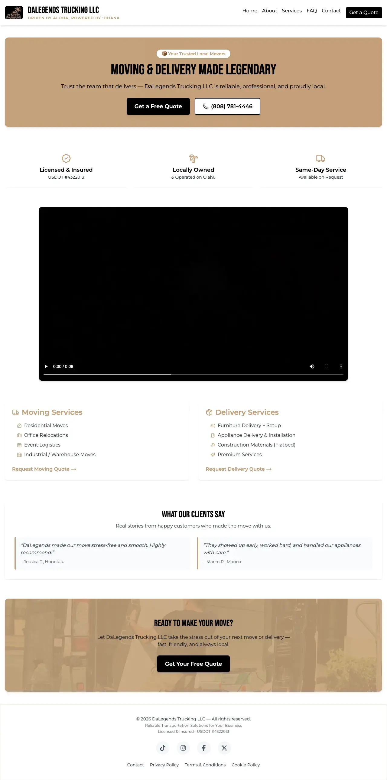 The DaLegends Trucking website, full page